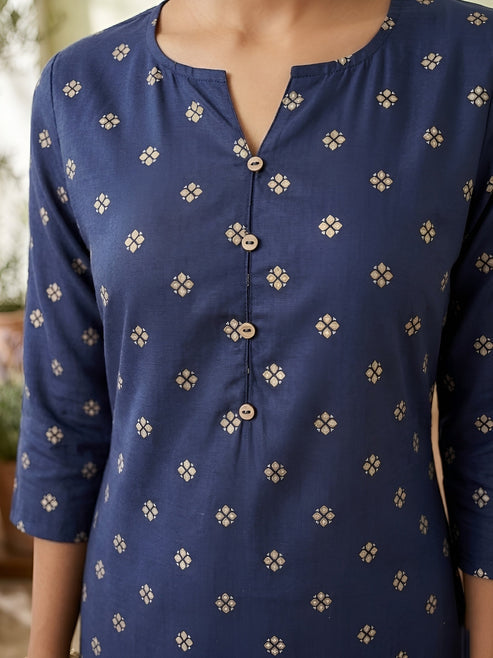 Blue Printed Viscose Rayon kurti Top (Top Only)