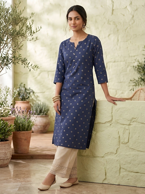 Blue Printed Viscose Rayon kurti Top (Top Only)