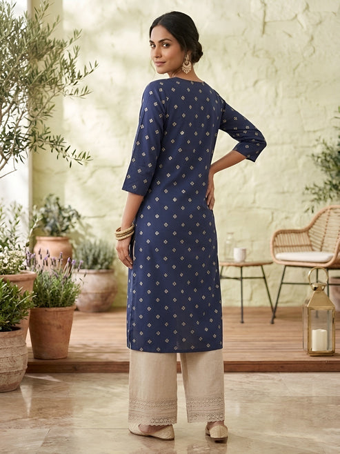 Blue Printed Viscose Rayon kurti Top (Top Only)