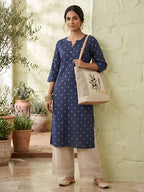 Blue Printed Viscose Rayon kurti Top (Top Only)