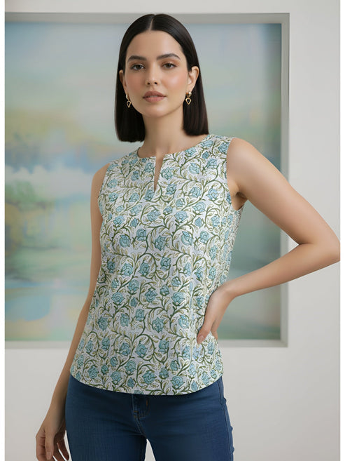 Grey Cotton Floral Printed Top