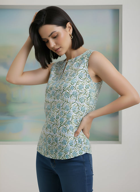 Grey Cotton Floral Printed Top
