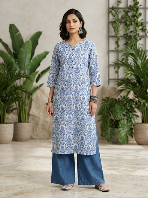 Blue Floral Printed Cotton Kurti Top (Top Only)