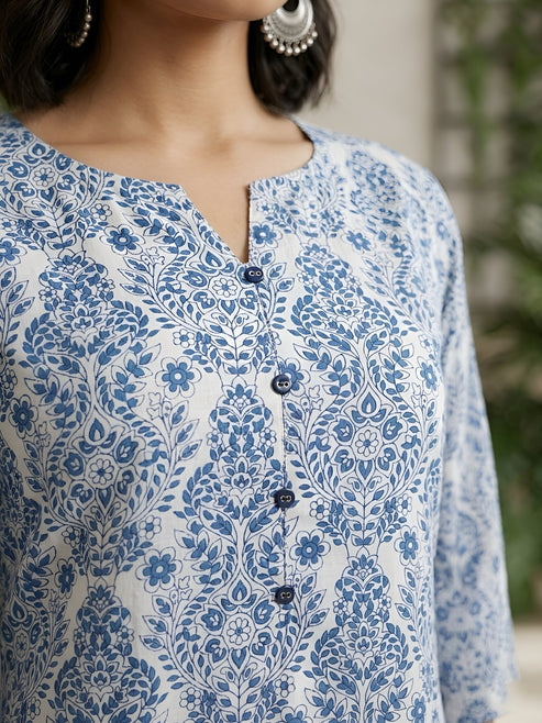 Blue Floral Printed Cotton Kurti Top (Top Only)