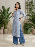 Blue Floral Printed Cotton Kurti Top (Top Only)