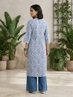 Blue Floral Printed Cotton Kurti Top (Top Only)