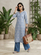 Blue Floral Printed Cotton Kurti Top (Top Only)