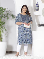 Plus Size Blue Printed Cotton Kurti Top( Top Only)