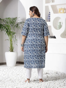 Plus Size Blue Printed Cotton Kurti Top( Top Only)
