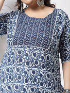 Plus Size Blue Printed Cotton Kurti Top( Top Only)