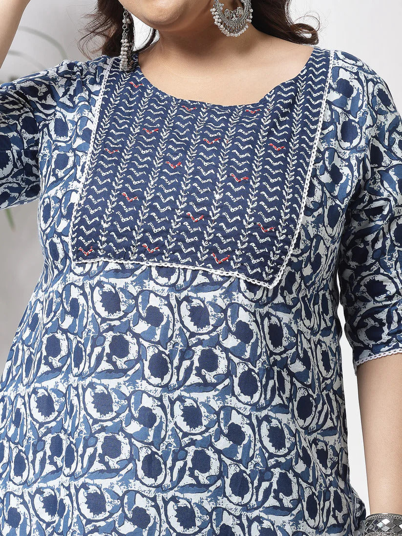 Plus Size Blue Printed Cotton Kurti Top( Top Only)