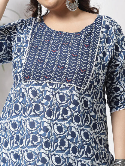 Plus Size Blue Printed Cotton Kurti Top( Top Only)