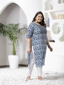 Plus Size Blue Printed Cotton Kurti Top( Top Only)