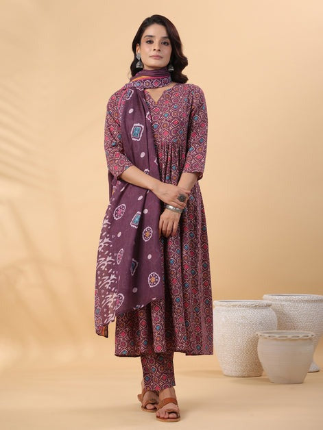 Wine Ajrak Printed Cotton Blend Anarkali Kurti Palazzo Set With Dupatta