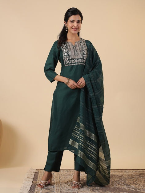 Solid Green Cotton Blend Zari Embroidered Kurti Pants Set with Dupatta