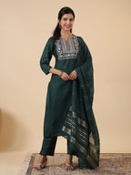 Solid Green Cotton Blend Zari Embroidered Kurti Pants Set with Dupatta