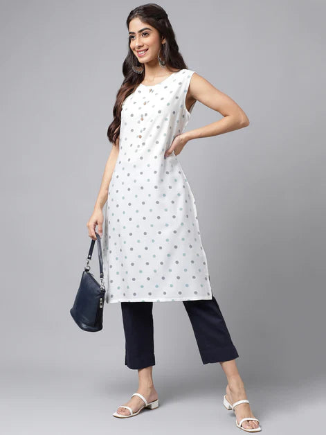 White Ethnic Printed Rayon  Kurti Top