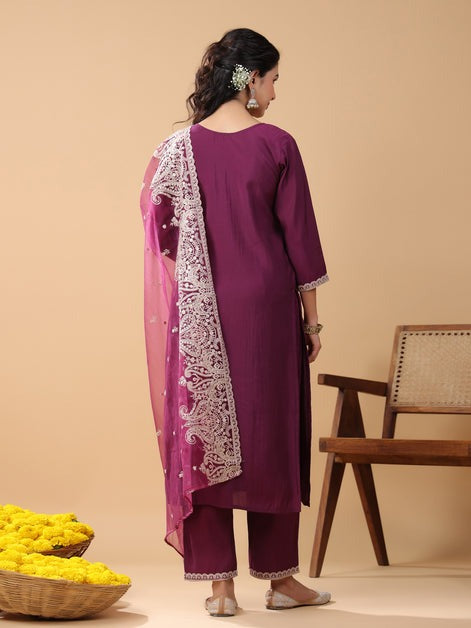 Wine Embroidered  Silk Kurti Palazzo With Dupatta