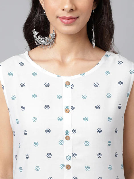 White Ethnic Printed Rayon  Kurti Top