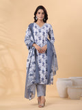 Blue Grey Floral Printed Cotton Blend Kurti Set