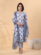 Blue Grey Floral Printed Cotton Blend Kurti Set