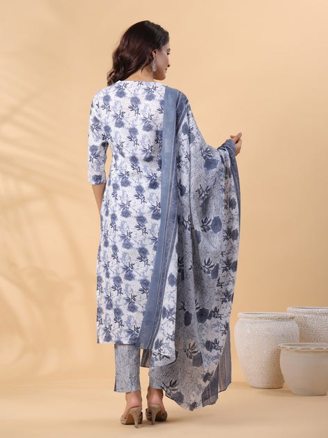 Blue Grey Floral Printed Cotton Blend Kurti Set