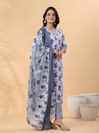 Blue Grey Floral Printed Cotton Blend Kurti Set