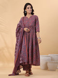 Wine Ajrak Printed Cotton Blend Anarkali Kurti Palazzo Set With Dupatta