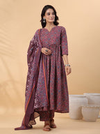 Wine Ajrak Printed Cotton Blend Anarkali Kurti Palazzo Set With Dupatta