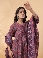 Wine Ajrak Printed Cotton Blend Anarkali Kurti Palazzo Set With Dupatta