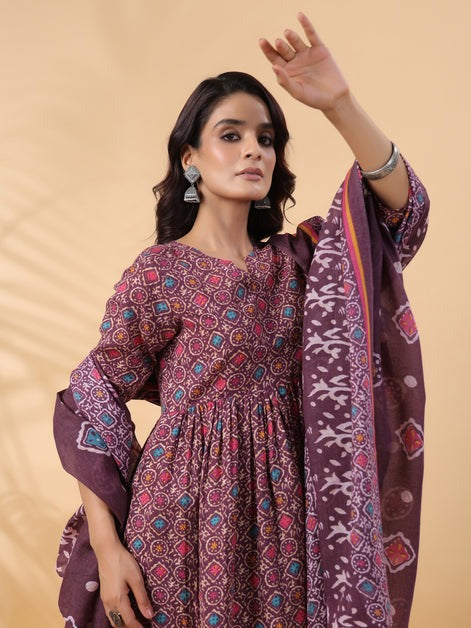 Wine Ajrak Printed Cotton Blend Anarkali Kurti Palazzo Set With Dupatta