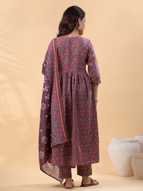 Wine Ajrak Printed Cotton Blend Anarkali Kurti Palazzo Set With Dupatta