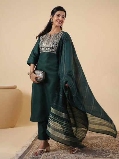 Solid Green Cotton Blend Zari Embroidered Kurti Pants Set with Dupatta