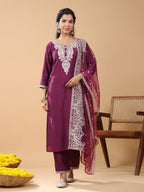 Wine Embroidered  Silk Kurti Palazzo With Dupatta