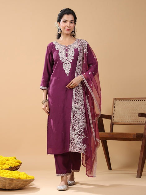 Wine Embroidered  Silk Kurti Palazzo With Dupatta