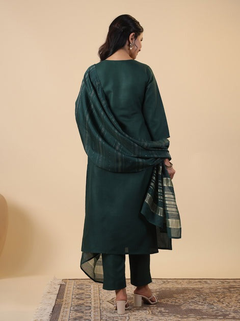 Solid Green Cotton Blend Zari Embroidered Kurti Pants Set with Dupatta