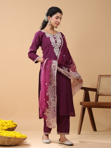 Wine Embroidered  Silk Kurti Palazzo With Dupatta