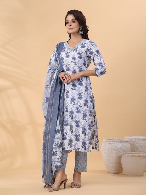 Blue Grey Floral Printed Cotton Blend Kurti Set