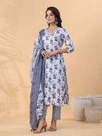 Blue Grey Floral Printed Cotton Blend Kurti Set