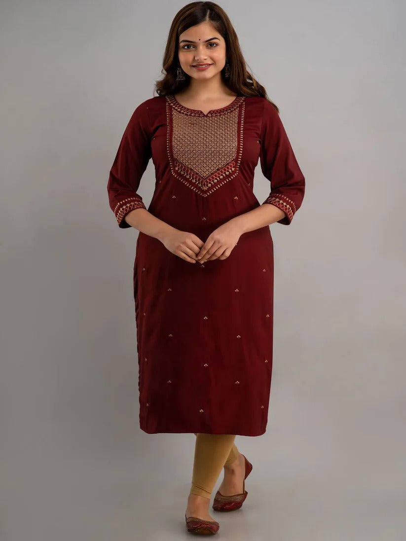 Classic  Deep Maroon Yoke Embroidered Rayon Kurti Top (Top Only)