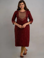 Classic  Deep Maroon Yoke Embroidered Rayon Kurti Top (Top Only)