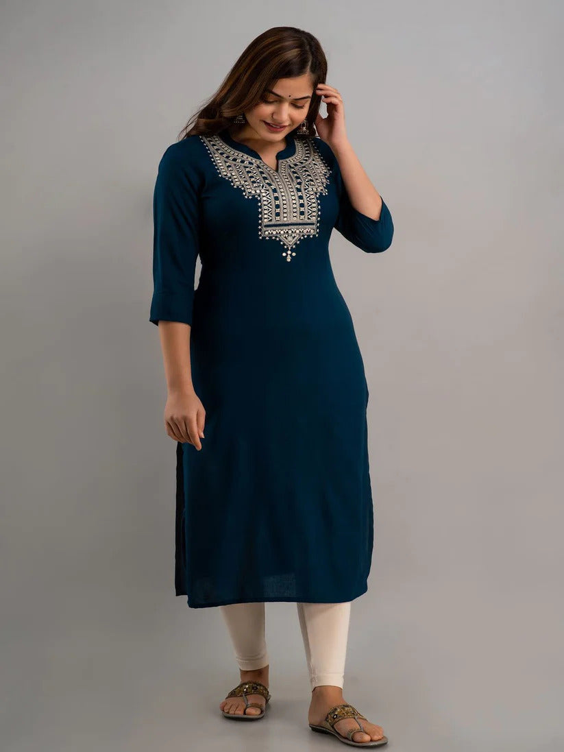 Teal Yoke Embroidered Rayon Kurti Top (Top Only)