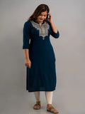 Teal Yoke Embroidered Rayon Kurti Top (Top Only)