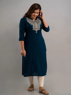 Teal Yoke Embroidered Rayon Kurti Top (Top Only)