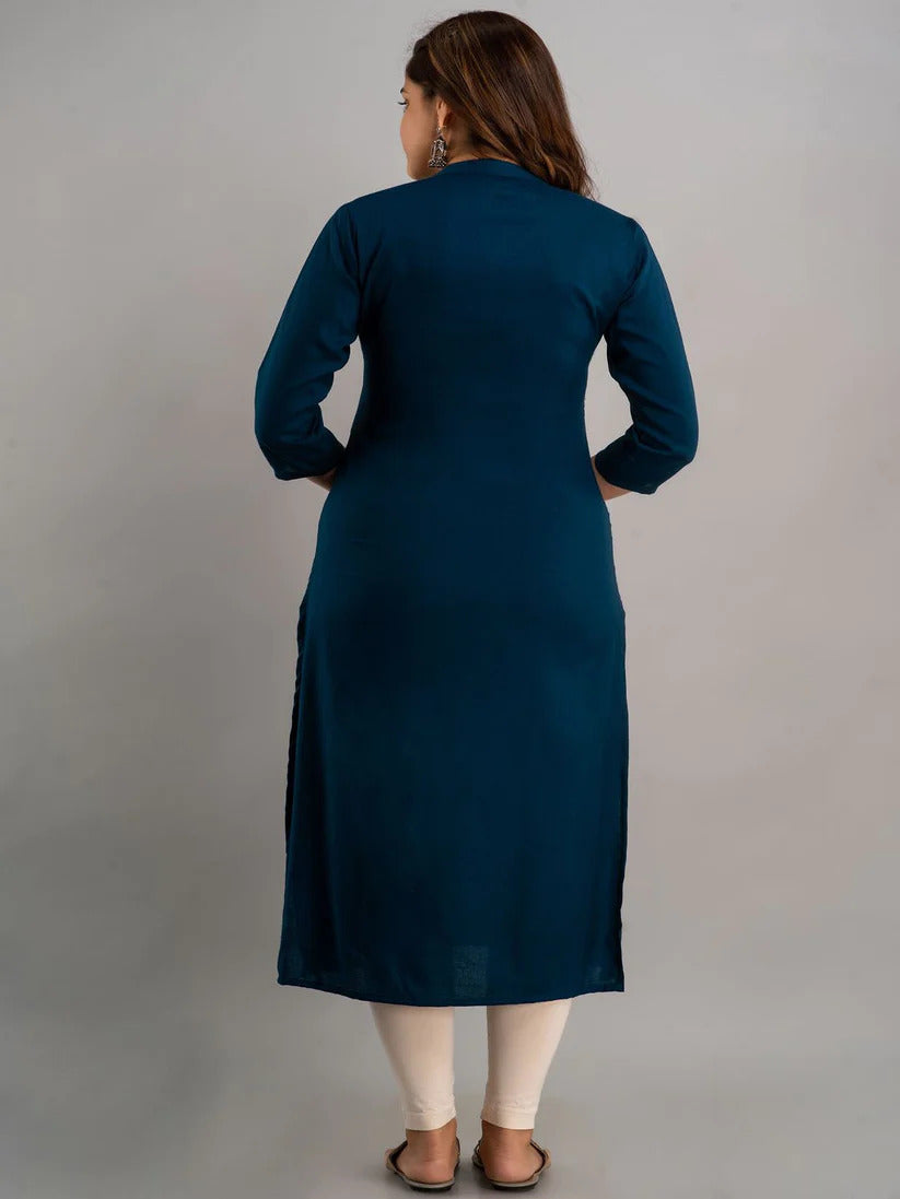 Teal Yoke Embroidered Rayon Kurti Top (Top Only)