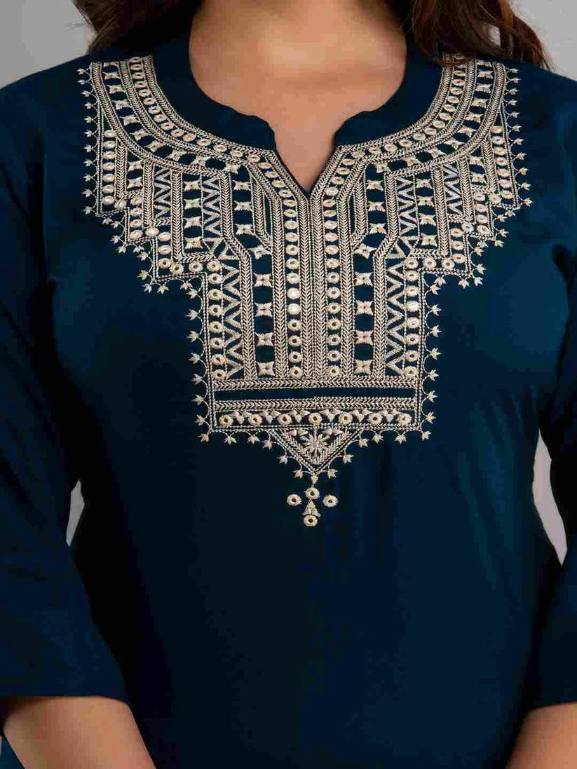 Teal Yoke Embroidered Rayon Kurti Top (Top Only)