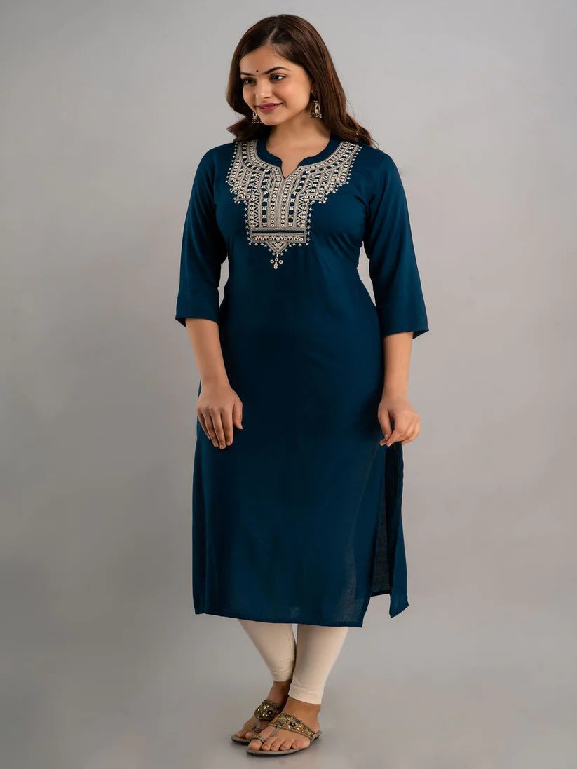 Teal Yoke Embroidered Rayon Kurti Top (Top Only)