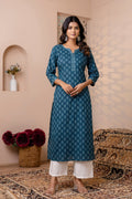 Teal Blue Printed Cotton Kurti Top (Top Only)