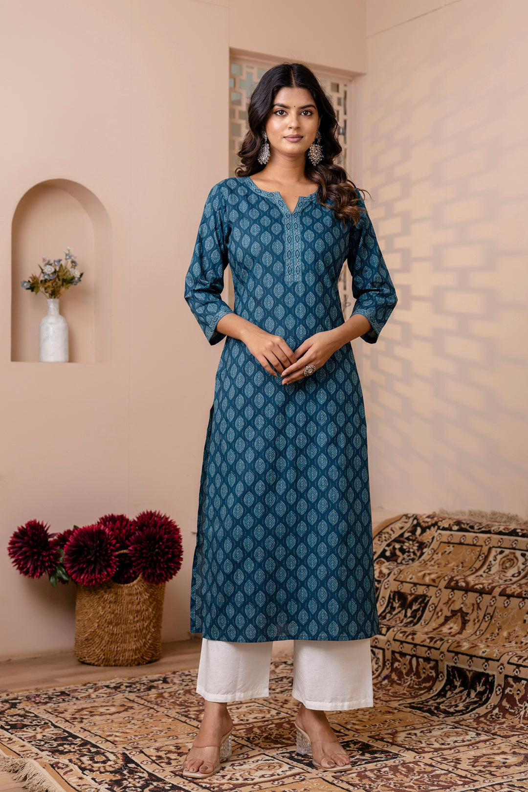 Teal Blue Printed Cotton Kurti Top (Top Only)