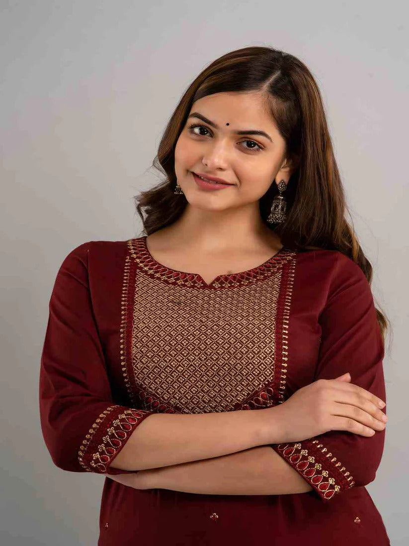 Classic  Deep Maroon Yoke Embroidered Rayon Kurti Top (Top Only)